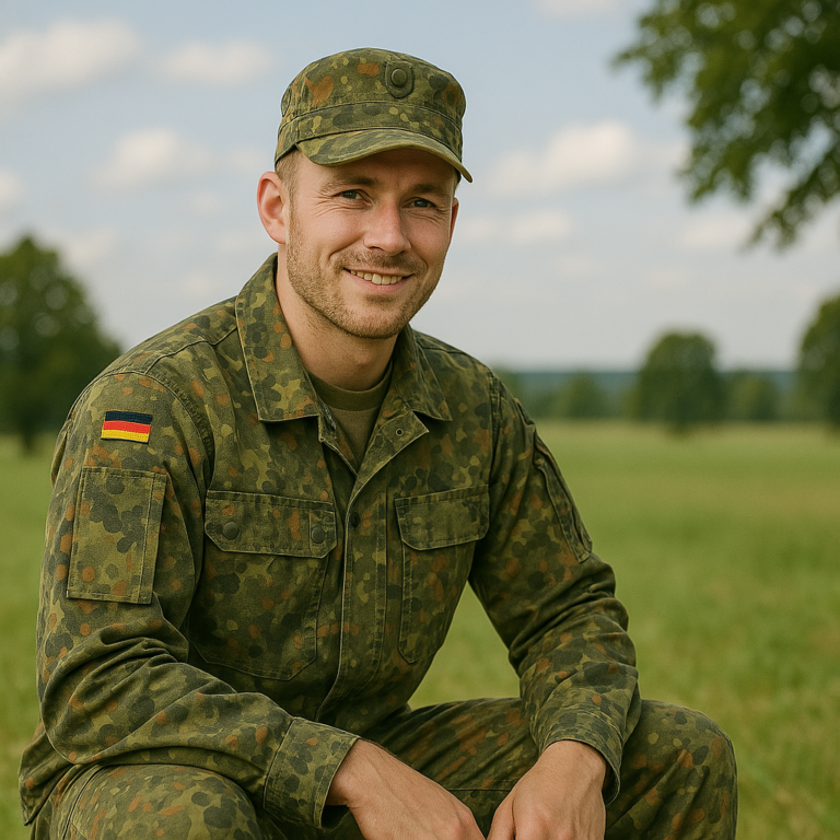 Deutscher Bundeswehr Soldat sitzt auf einem Feld und lächelt